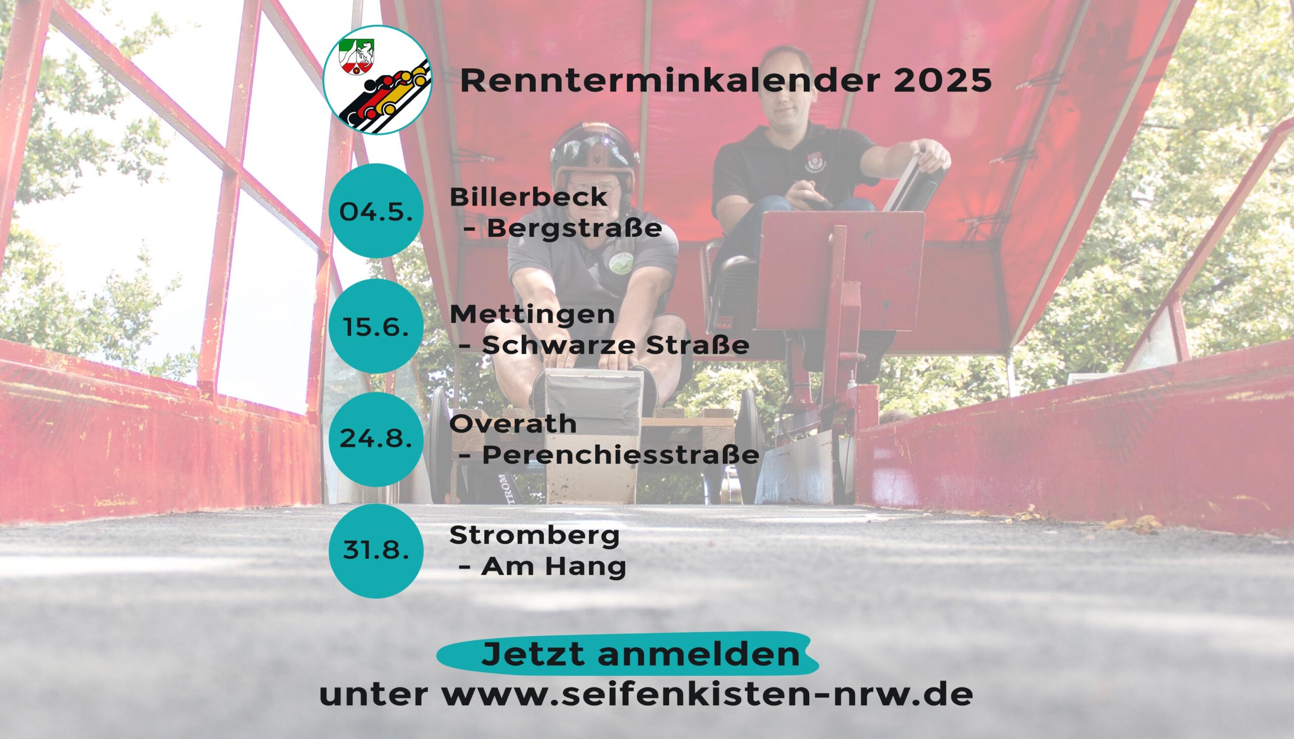 Eine Liste mit den Rennterminen von Rennen die in diesem Jahr stattfinden. Dahinter ein Bild von einer Seifenkiste auf der Startrampe.